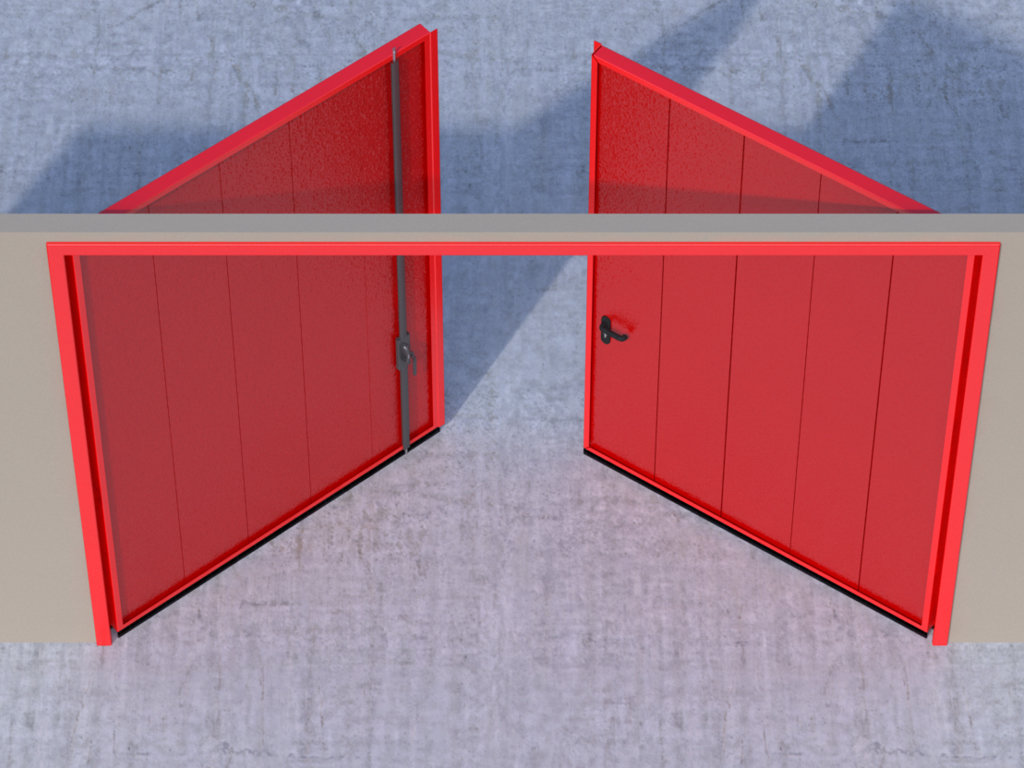 Eshik panellari tashqariga ochiladi — chap panel passiv, o'ng panel faol.